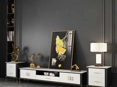 Elegant TV Wall Background with Black Wall Golden Leaf Painting and White Gold Cabinets 3d model