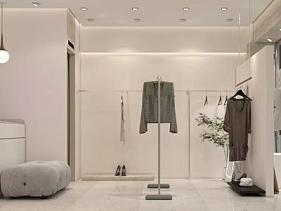Modern Clothing Store Interior With White Walls Hanging Clothes Racks Sofa Shoes And Green Plant 3d model