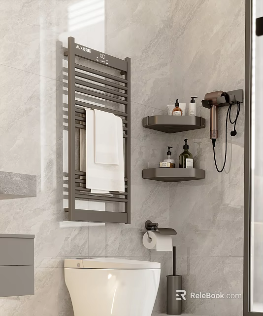 Modern Bathroom Accessories with Towel Rail Shelves Hair Dryer Toilet Paper Holder And Bath Products 3d model 