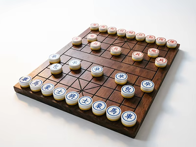 Chinese Chess Board Game Play Equipment With Wooden Pieces And Grid Design 3d model