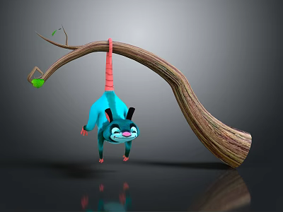 Blue Creature With Pink Tail Hanging On Curved Tree Branch With Green Leaf 3d model