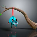 Blue Creature With Pink Tail Hanging On Curved Tree Branch With Green Leaf