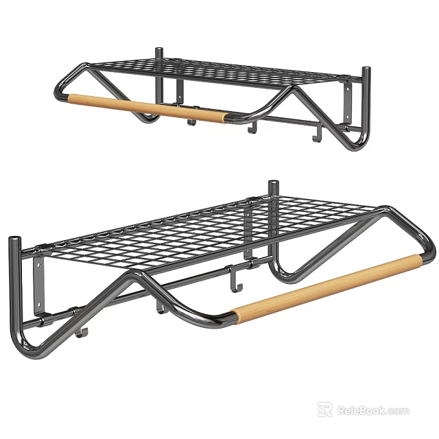 Metal Wire Wall Mounted Storage Shelf With Wooden Rail For Home Organization 3d model 