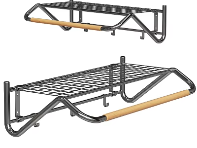 Metal Wire Wall Mounted Storage Shelf With Wooden Rail For Home Organization 3d model
