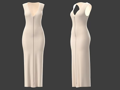 Beige Sleeveless Long Dress With Front Zipper And Side Slit Design 3d model