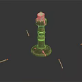 Brass Candle Lamp With Carved Column Design Surrounded By Red Match Heads On Dark Background