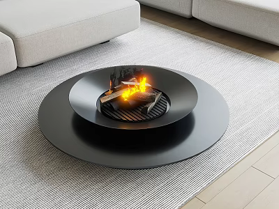 Round Black Indoor Fire Pit With Burning Flames In Modern Living Room Area Rug 3d model