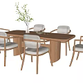 Modern Rectangular Wooden Dining Table Set with Six Light Gray Cushioned Chairs and Potted Plant