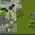 Cartoon Adventure Scene With Stone Ruins Green Grass Tropical Plants Torches And Black Characters