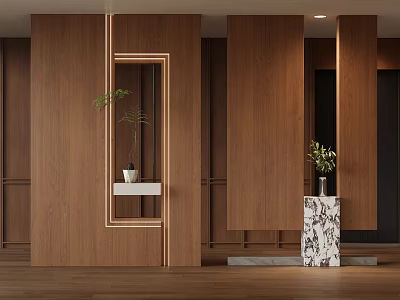 Modern Entryway Hallway Interior Design With Wooden Walls Green Plants And Marble Stand 3d model