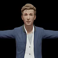 Game Movie Character In Blue Jacket White Shirt Gray Pants Arms Outstretched On Black Background