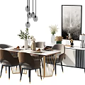 Modern Dining Table Set with Gray Chairs Pendant Lights and Decorative Painting 3d model