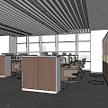Modern Office Interior With Wooden Cubicles Desks Chairs Striped Ceiling And Large Windows