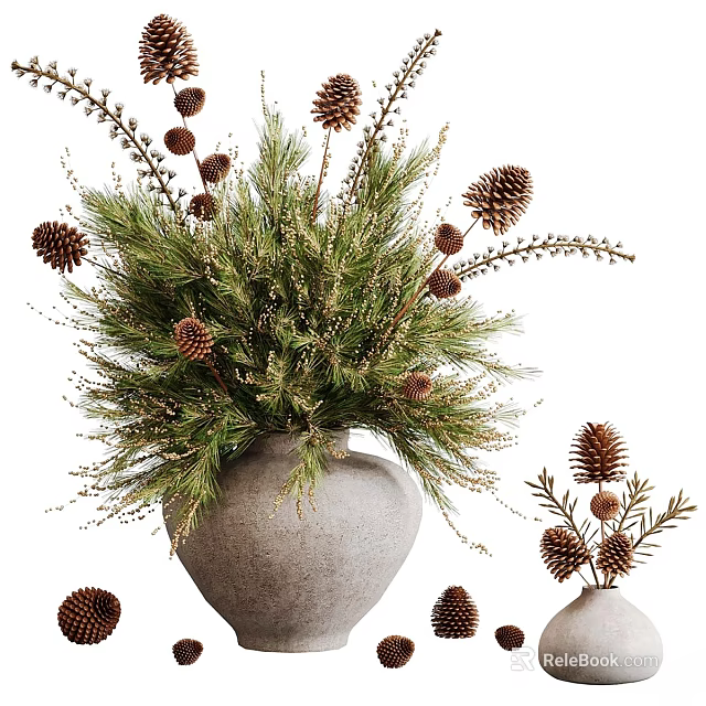 Natural Style Decorative Ornament Set With Pine Branches Clay Pot And Pine Cones 3d model 