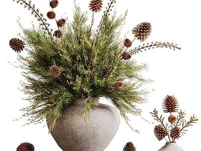 Natural Style Decorative Ornament Set With Pine Branches Clay Pot And Pine Cones 3d model