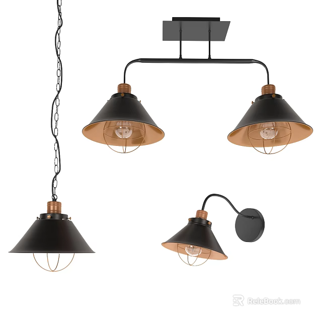 Modern Industrial Lighting Fixture Combination With Black Copper Pendant Lights And Wall Sconce 3d model 