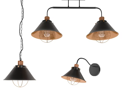 Modern Industrial Lighting Fixture Combination With Black Copper Pendant Lights And Wall Sconce 3d model