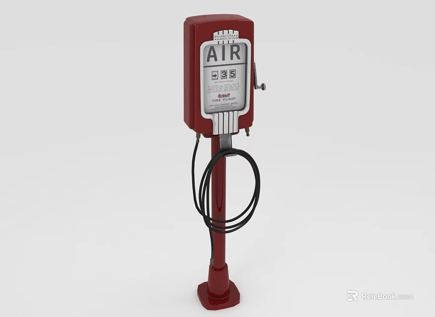 Red Vintage Industrial Air Pump Equipment Standing Design With Black Hose And Gauge 3d model 