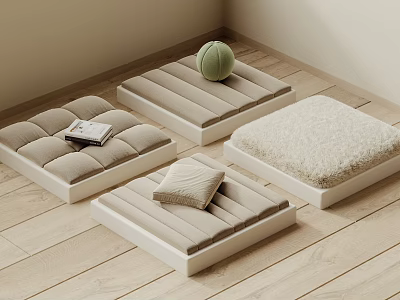 Square Poufs in Beige Light Gray Cream on Wooden Floor with Green Tennis Ball Magazine Folded Blanket 3d model