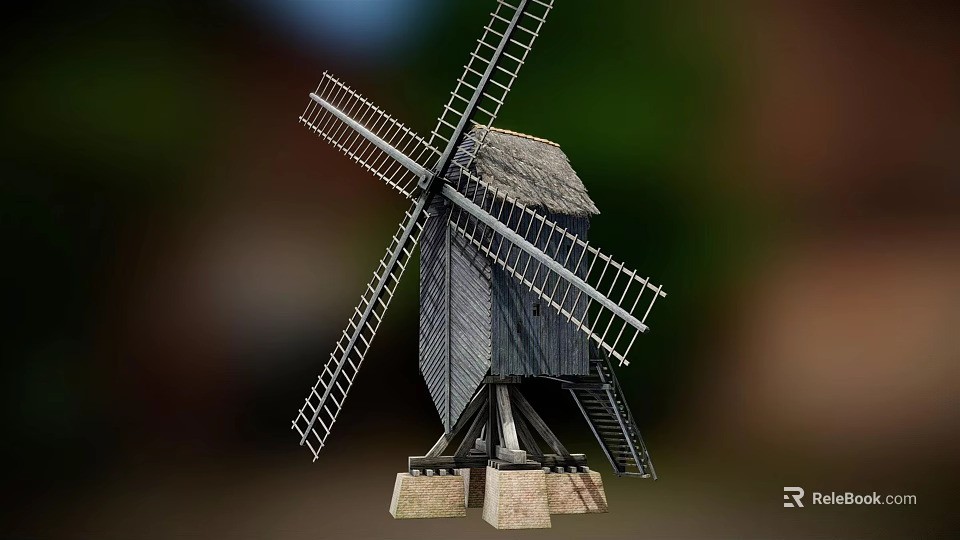 Classic Wooden Windmill Model With Rotating Blades And Sturdy Stone Base 3d model 