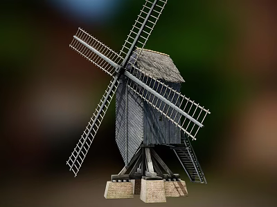 Classic Wooden Windmill Model With Rotating Blades And Sturdy Stone Base 3d model