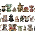 Various Animal and Character Dolls Including Stuffed Toys and Robot Figures on Shelves