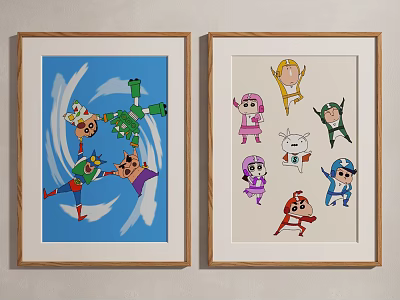 Colorful Multiple Cartoon Character Framed Artworks With Blue And Light Backgrounds 3d model