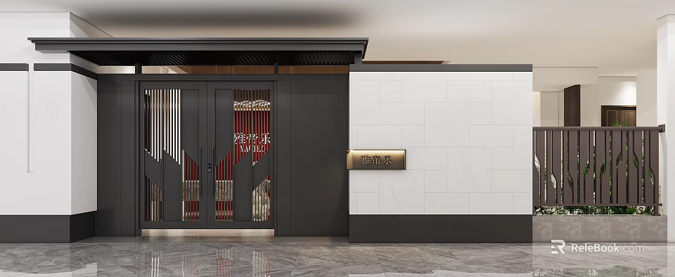 Black Entrance Gate With Ornate Red Gold Decorative Patterns And White Tiled Wall Gold Plaque 3d model 