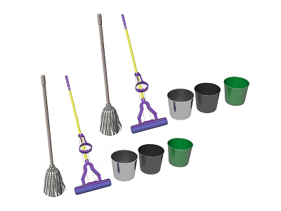 Essential Bathroom Cleaning Accessories With Mops Brooms And Colorful Buckets 3d model
