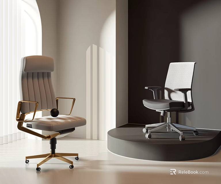 High Back Leather Office Chair And Mesh Office Chair With Golden Accents In Modern Workspace 3d model 