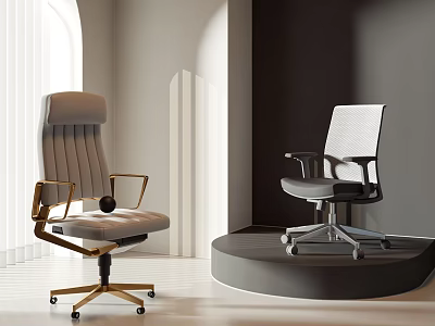 High Back Leather Office Chair And Mesh Office Chair With Golden Accents In Modern Workspace 3d model