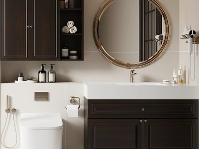 Modern Bathroom Set with Dark Cabinets White Countertop Round Gold Mirror Toilet and Toiletries 3d model
