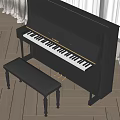 Black Upright Piano With Leather Bench In Room With Wooden Floor And Curtains