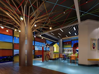 Modern Indoor Space With Tree Like Structure Colorful Walls And Red Bicycle 3d model