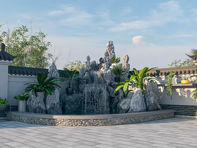 Traditional Chinese Garden Landscape Featuring Rock Waterfall Lush Plants And Paved Courtyard 3d model