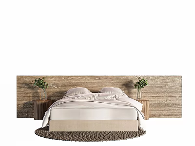 Double Bed with Wooden Headboard Wall Nightstands Potted Green Plants and Woven Rug 3d model