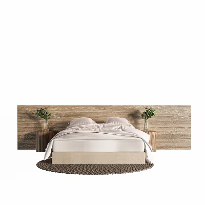 Double Bed with Wooden Headboard Wall Nightstands Potted Green Plants and Woven Rug 3d model
