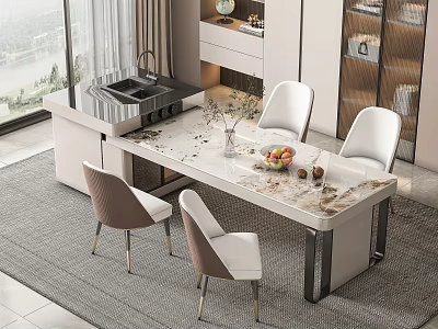 Elegant Modern Dining Table Set With Marble Top And Upholstered Chairs 3d model