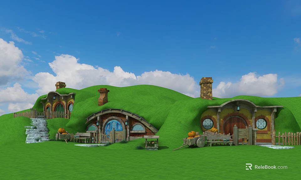 Hobbit Style Houses With Green Grassy Roofs Round Doors Windows And Blue Sky White Clouds 3d model 