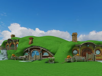 Hobbit Style Houses With Green Grassy Roofs Round Doors Windows And Blue Sky White Clouds 3d model
