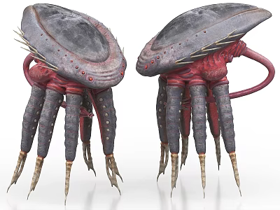 Gray Red Sci Fi Creatures With Dome Shaped Tops And Spiked Legs 3d model