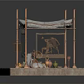 Canopy Structure With Copper Pillars Tables Chairs And Decorative Items On Platform