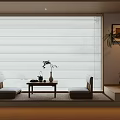 Modern Japanese Style Tea Room Interior With Roller Blinds Low Table Cushions And Green Plant