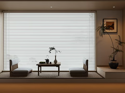 Modern Japanese Style Tea Room Interior With Roller Blinds Low Table Cushions And Green Plant 3d model