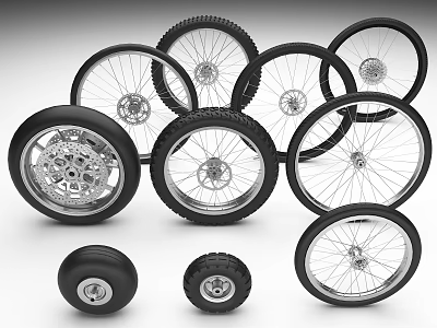 Bicycle Wheels In Various Sizes And Designs With Tires Hubs And Spokes 3d model