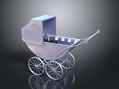 Elegant Vintage Style Metallic Baby Carriage With Spoked Wheels And Canopy 3d model