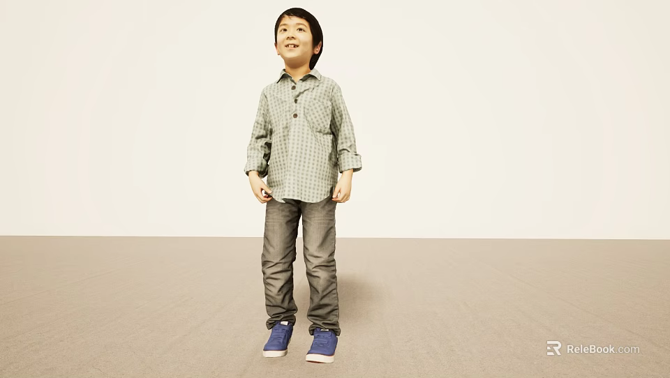 Little Boy Smiling In Light Background Wearing Green Checkered Shirt Gray Pants Blue Shoes 3d model 