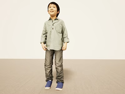 Little Boy Smiling In Light Background Wearing Green Checkered Shirt Gray Pants Blue Shoes 3d model