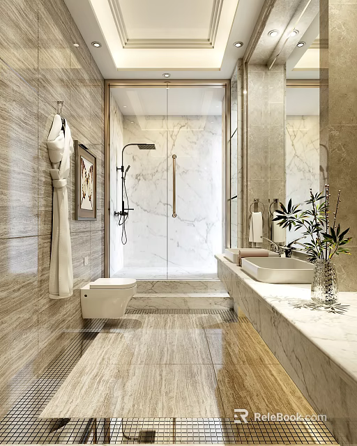 Modern Bathroom Interior With Marble Walls Open Shower Vanity Mirror And Plants 3d model 