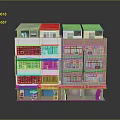 Multi Story Residential Commercial Building Model Featuring Colorful Roofs Different Facades And Ground Floor Shops